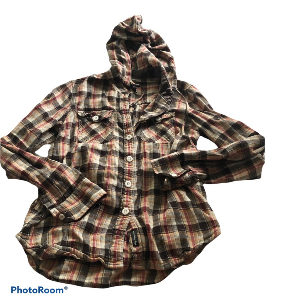 Obey brown plaid hooded long sleeve shirt